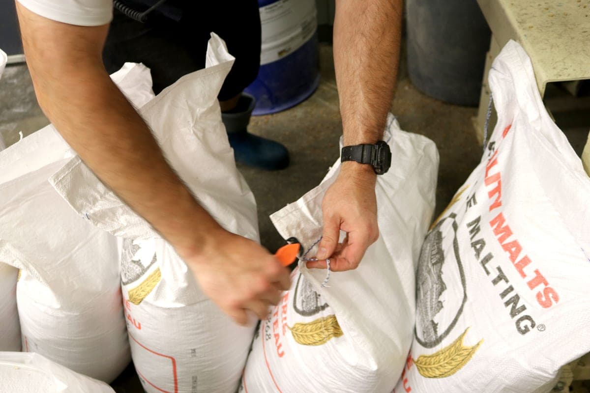 Sacks of malted barley in storage