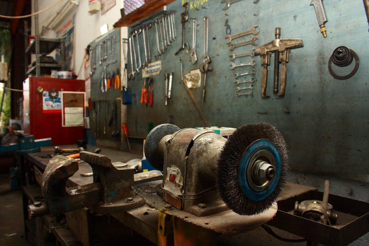 Organized workshop bench with tools